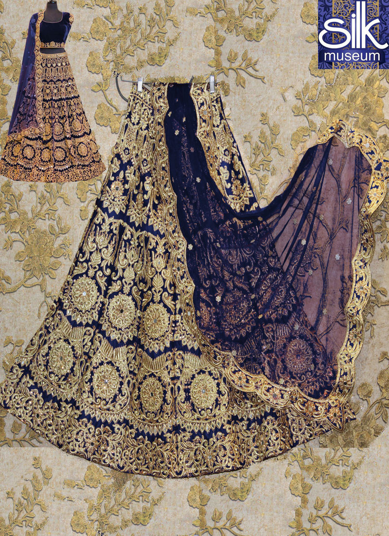 Majestic Navy Blue Color Velvet Style Satin Designer Party Wear Lehenga Choli