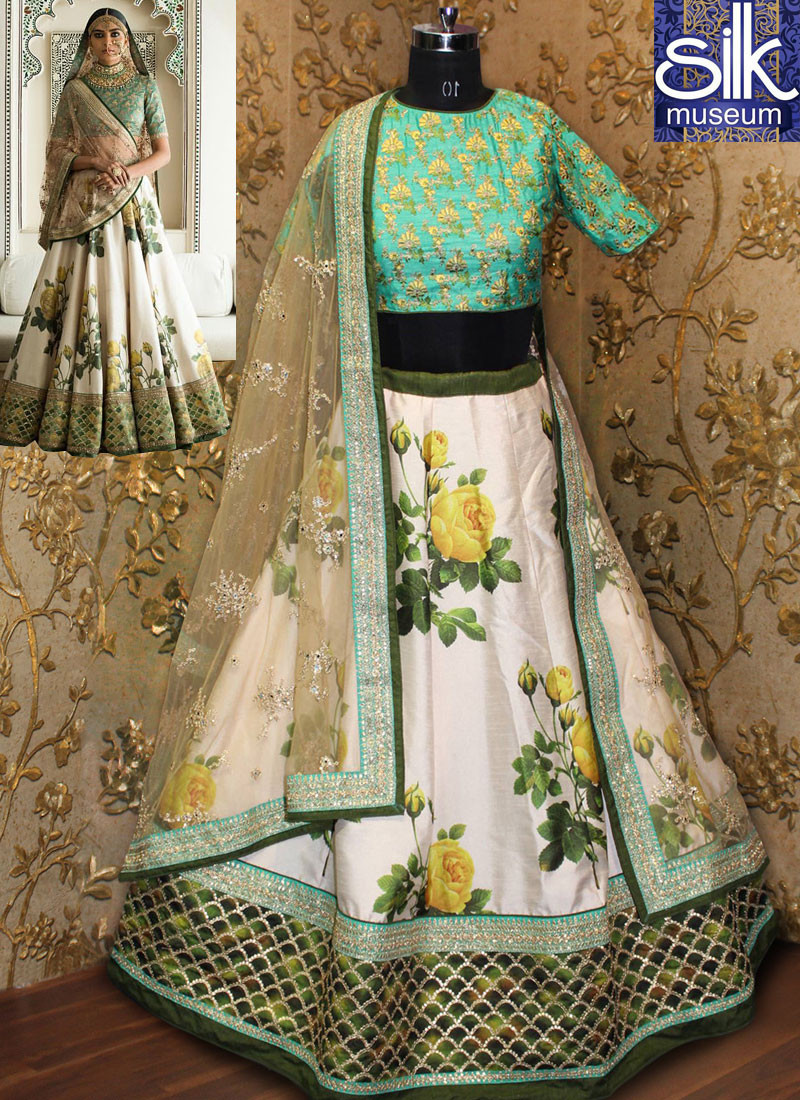 Delightful Sea Green With Cream Color Art Silk Designer Party Wear Lehenga Choli