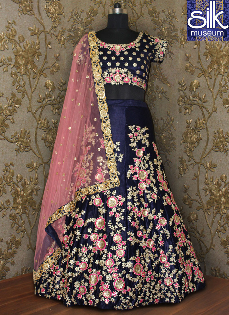 Sparkling Navy Blue Moss Velvet Designer Party Wear Lehenga Choli