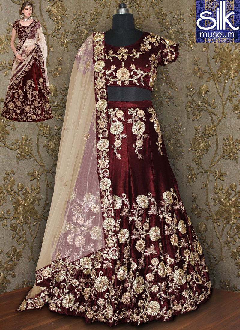 12030 Attractive Maroon Color Moss Velvet Designer Party Wear Lehenga Choli