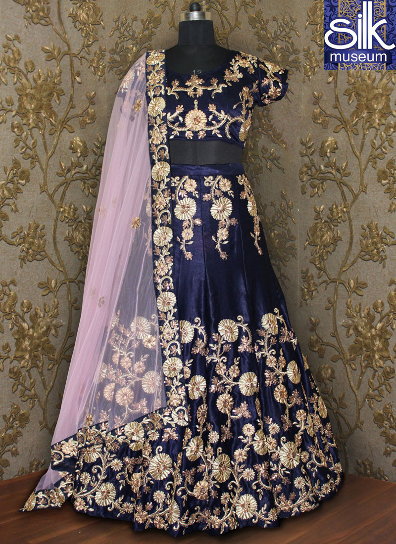 Delightful Navy Blue Color Moss Velvet Designer Party Wear Lehenga Choli