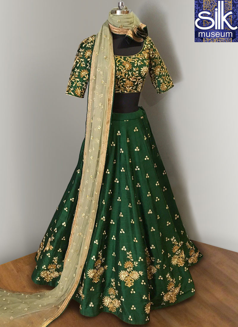 12122 Sparkling Green Color Art Silk Embroidered Work Designer Butta Style Lehenga Choli