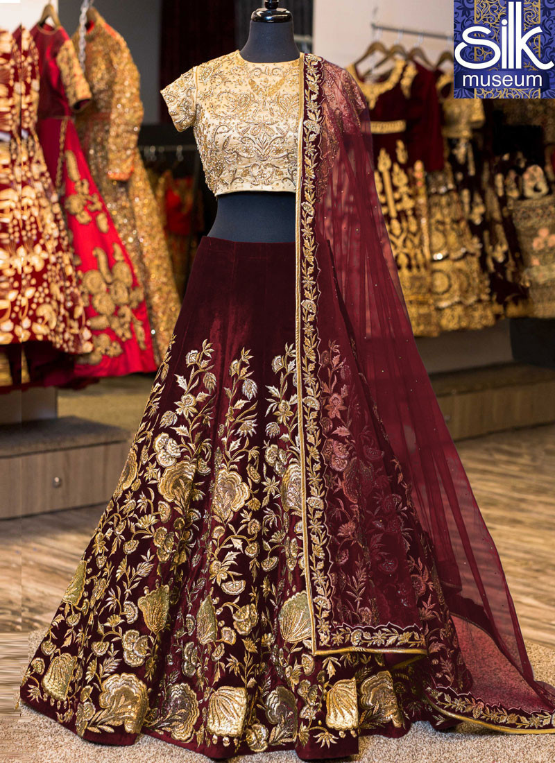 Sparkling Maroon Color Valvet Designer Party Wear Lehenga Choli