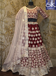 Delightful Maroon Color Moss Velvet Designer Wedding Wear A Line Lehenga Choli