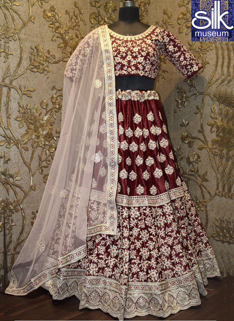 12673 Delightful Maroon Color Moss Velvet Designer Wedding Wear A Line Lehenga Choli