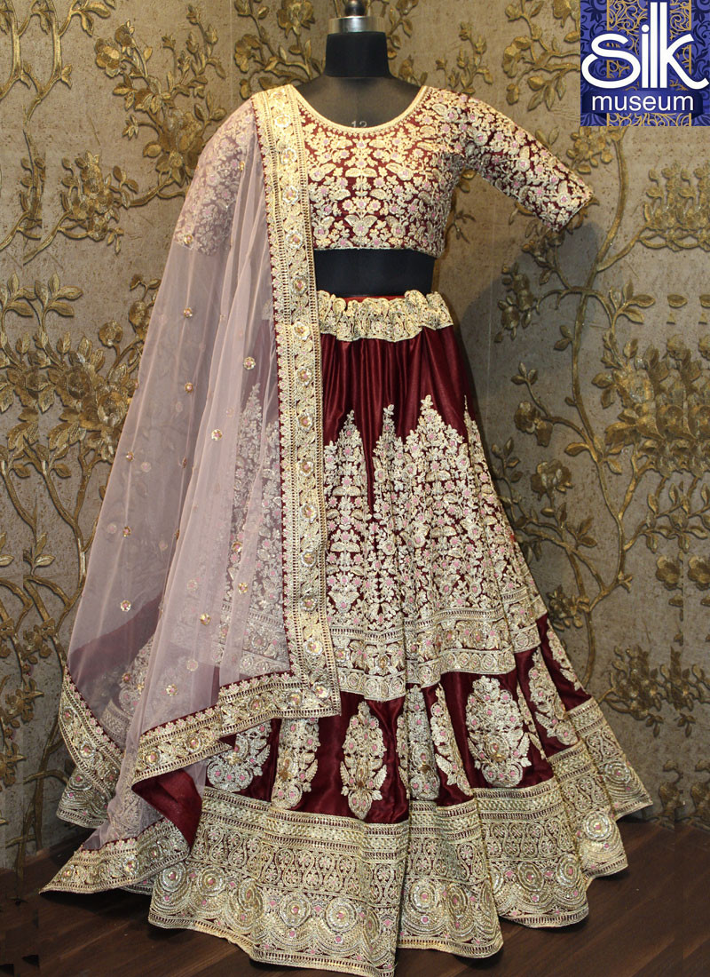 12674 Sparkling Maroon Color Moss Velvet Designer Wedding Wear A Line Lehenga Choli