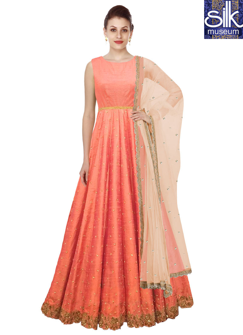 12975 Awesome Peach Color Banglori Silk Designer Party Wear Floor Length Gown