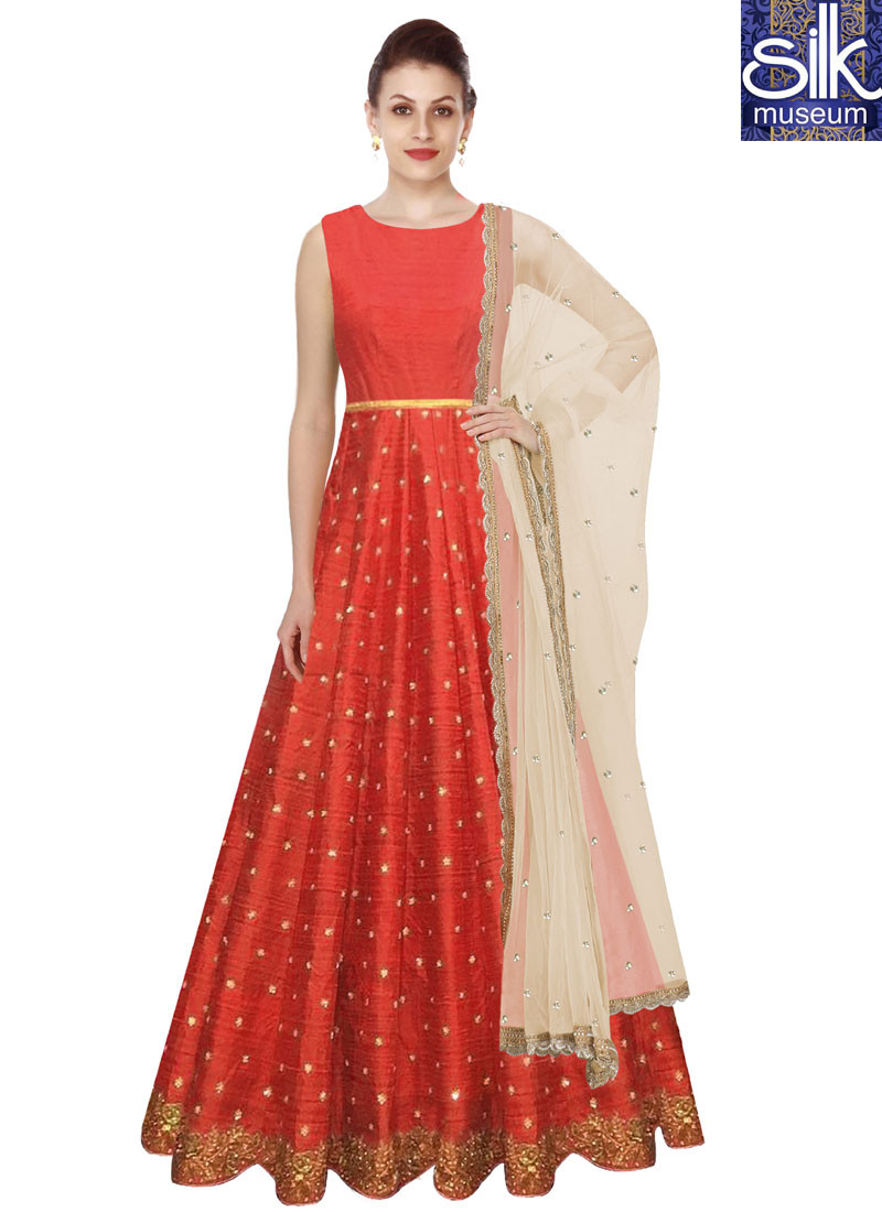 12976 Attractive Tomato Red Color Banglori Silk New Designer Floor Length Anarkali Gown