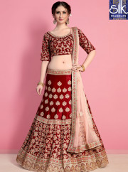 Divine Maroon Color Velvet Silk New Traditional Wedding Wear A Line Lehenga Choli