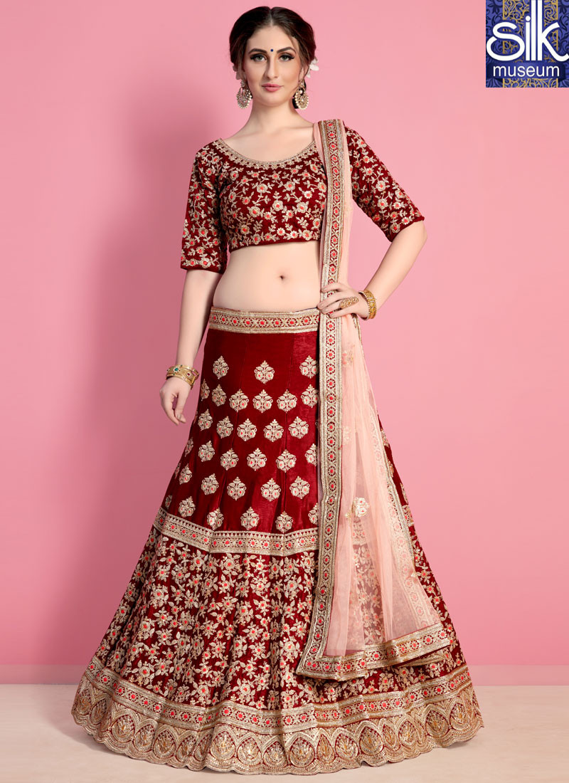 13091 Divine Maroon Color Velvet Silk New Traditional Wedding Wear A Line Lehenga Choli