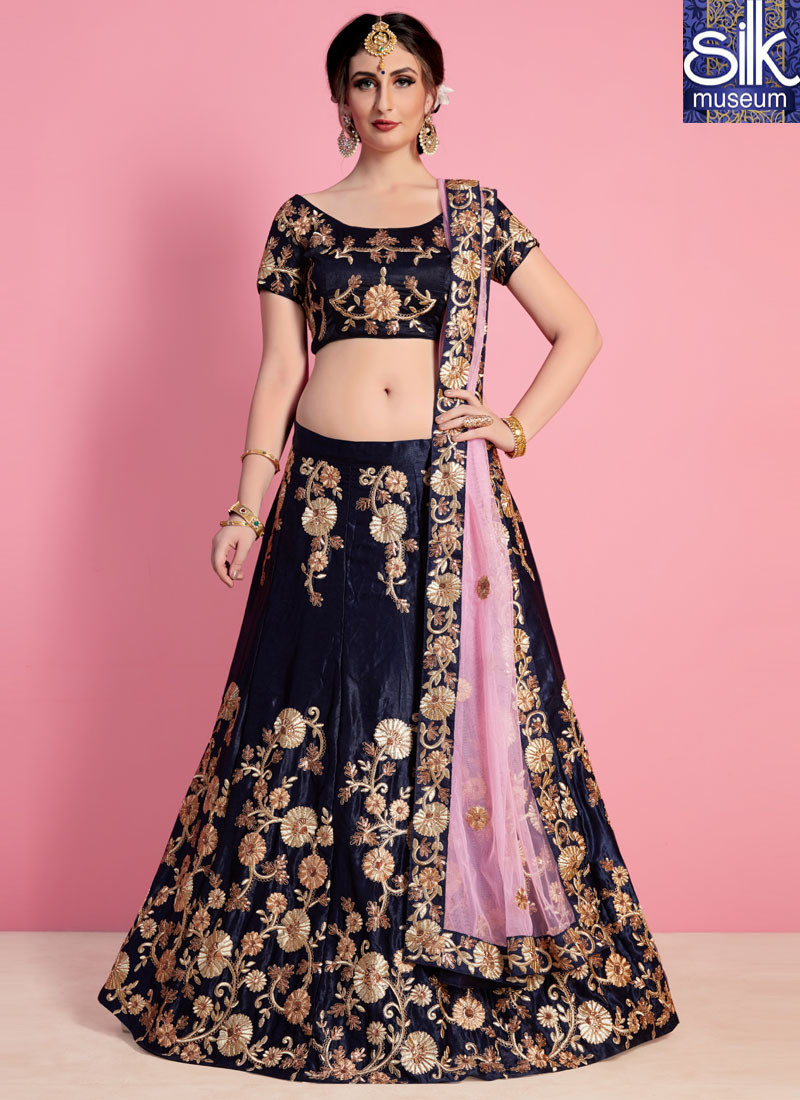 13097 Majestic Navy Blue Color Velvet Silk New Designer Wedding Wear A Line Lehenga Choli