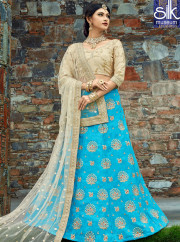 Most Beautiful Turquoise Color Art Silk New Designer Party Wear A Line Lehenga Choli