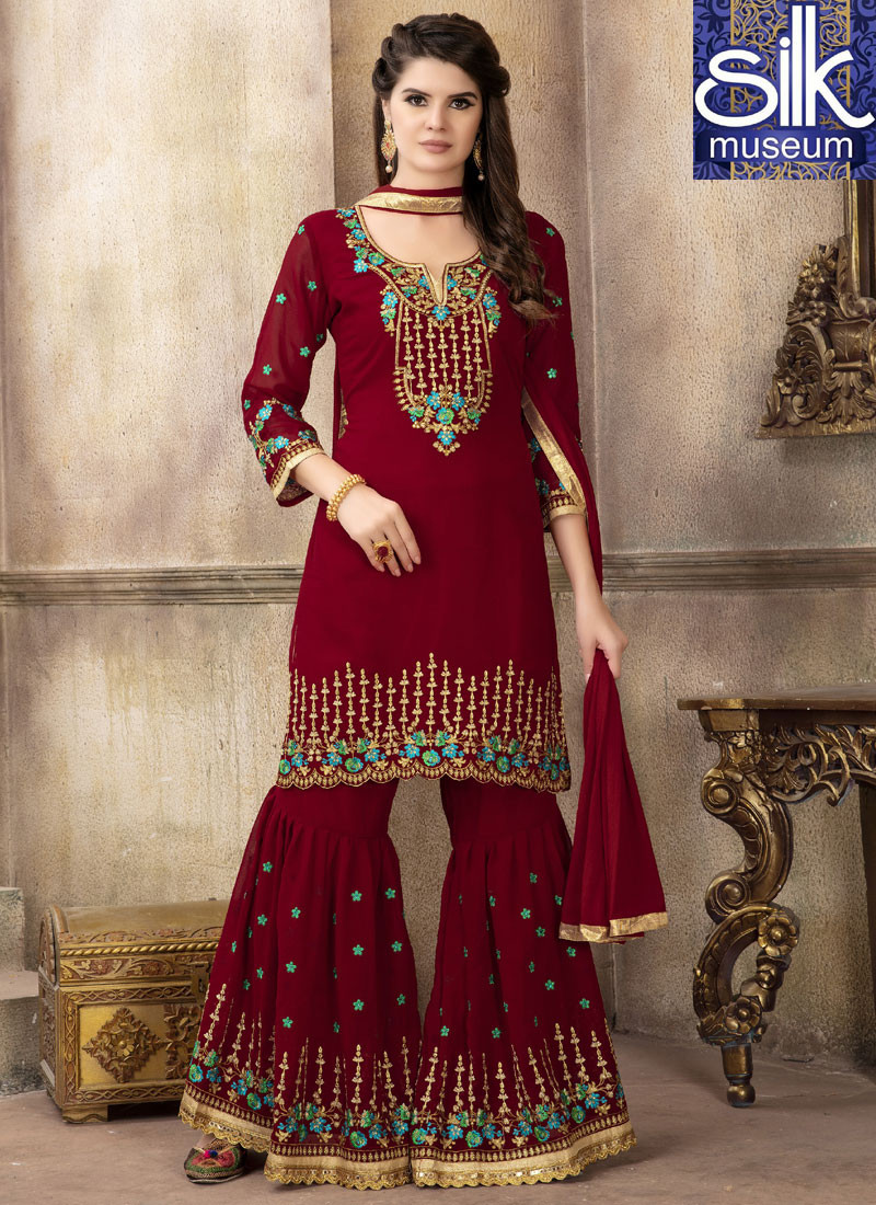 13302 Stunning Red Color Georgette New Designer Party Wear Garara Suit