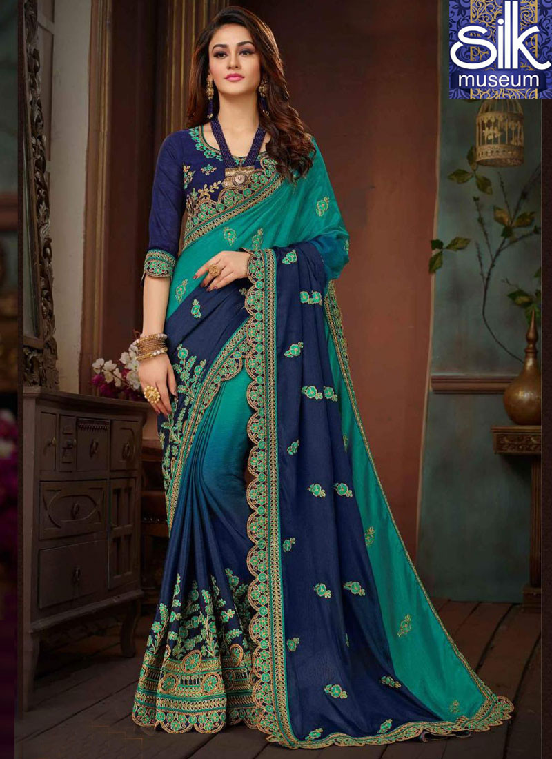 13366 Attractive Blue With Sea Green Color Art Silk New Designer Party Wear Saree