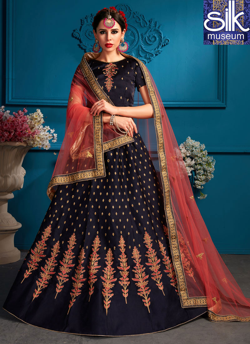 13505 Beautiful Blue Color Satin Silk New Designer Wedding Wear A Line Lehenga Choli