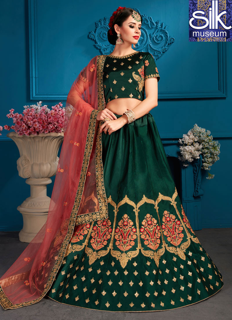Delightful Green Color Satin New Designer Party Wear A Line Lehenga Choli