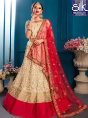 Delightful Beige Color Satin New Designer Wedding Wear A Line Lehenga Choli