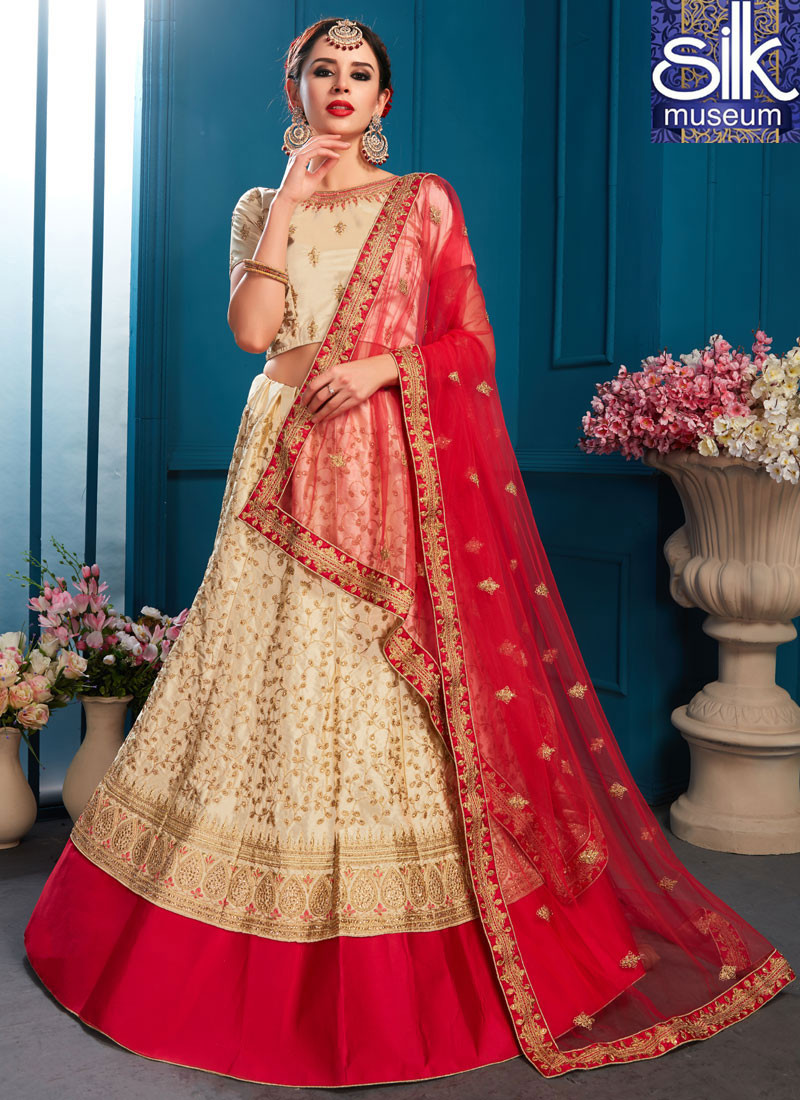 Delightful Beige Color Satin New Designer Wedding Wear A Line Lehenga Choli