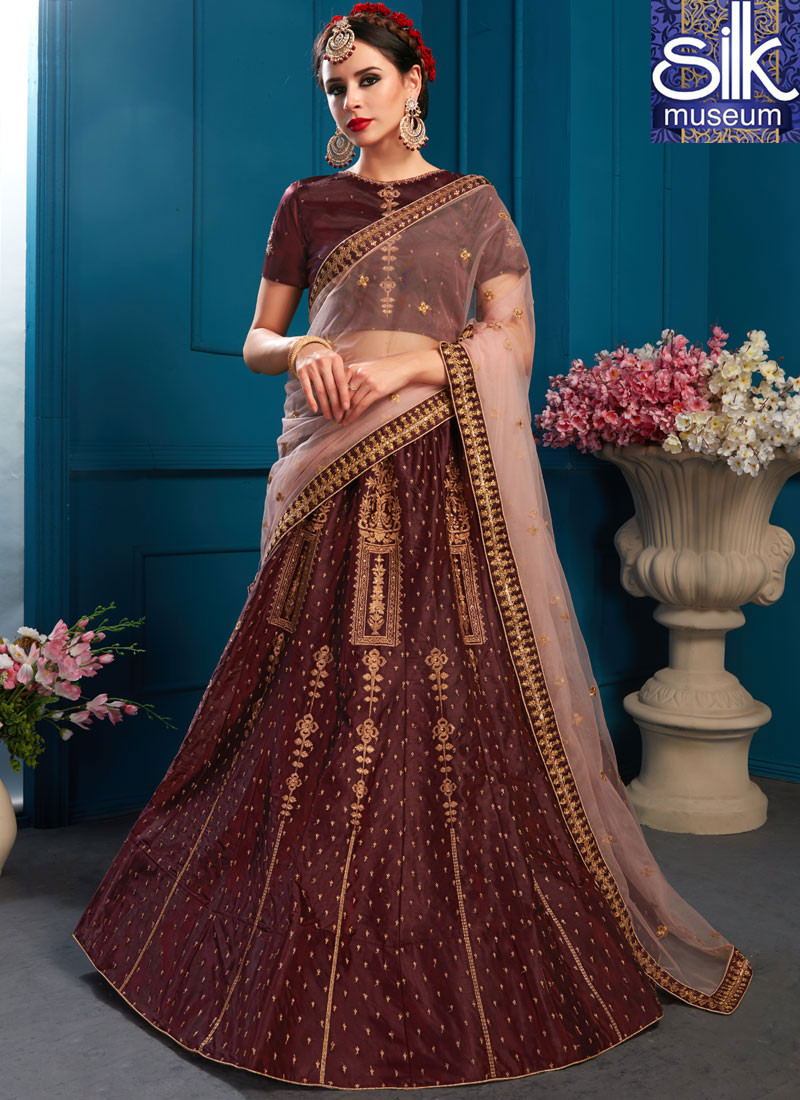 13511 Stunning Brown Color Satin Designer Wedding Wear A Line Lehenga Choli