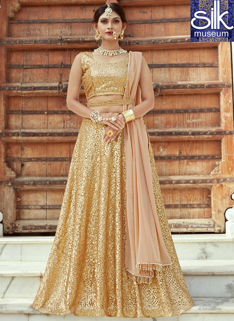 13527 Eye Catchy Beige Color Soft Net Designer Wedding Wear A Line Lehenga Choli