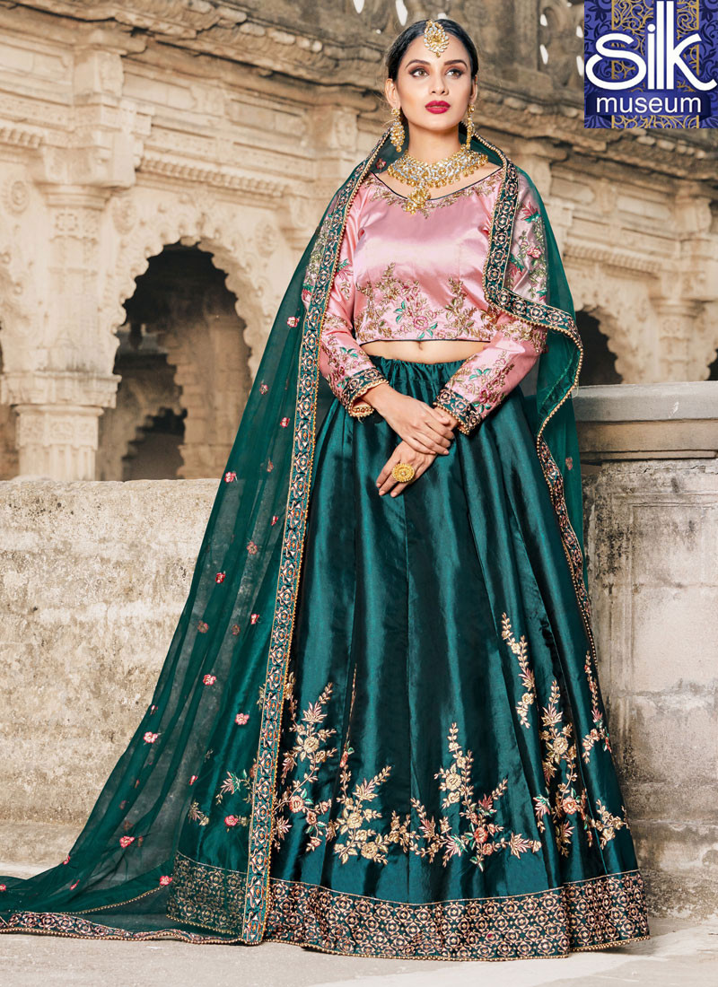 Lovely Green Color Satin New Designer Party Wear A Line Lehenga Choli