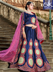Lovely Navy Blue Color Satin New Designer Wedding Wear A Line Lehenga Choli