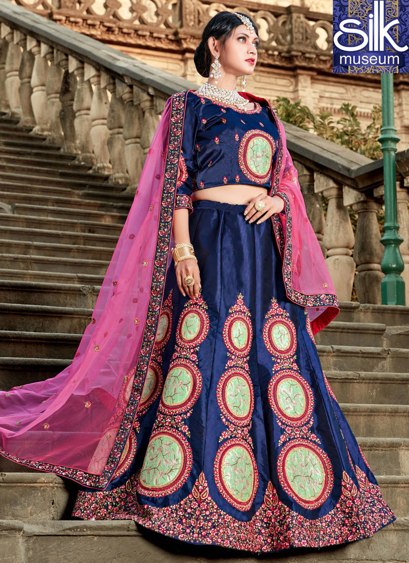 Lovely Navy Blue Color Satin New Designer Wedding Wear A Line Lehenga Choli