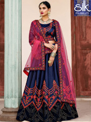 Divine Navy Blue Color Pure Satin Embroidered Designer Wedding Wear Lehenga Choli
