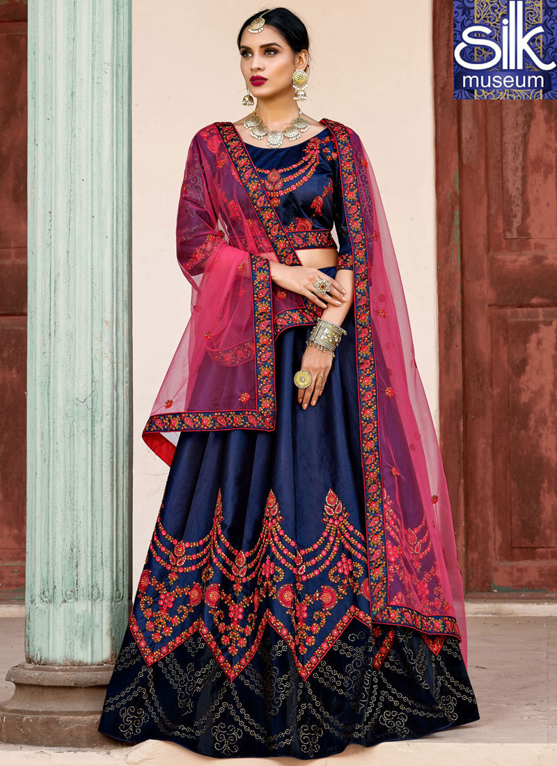 13537 Divine Navy Blue Color Pure Satin Embroidered Designer Wedding Wear Lehenga Choli