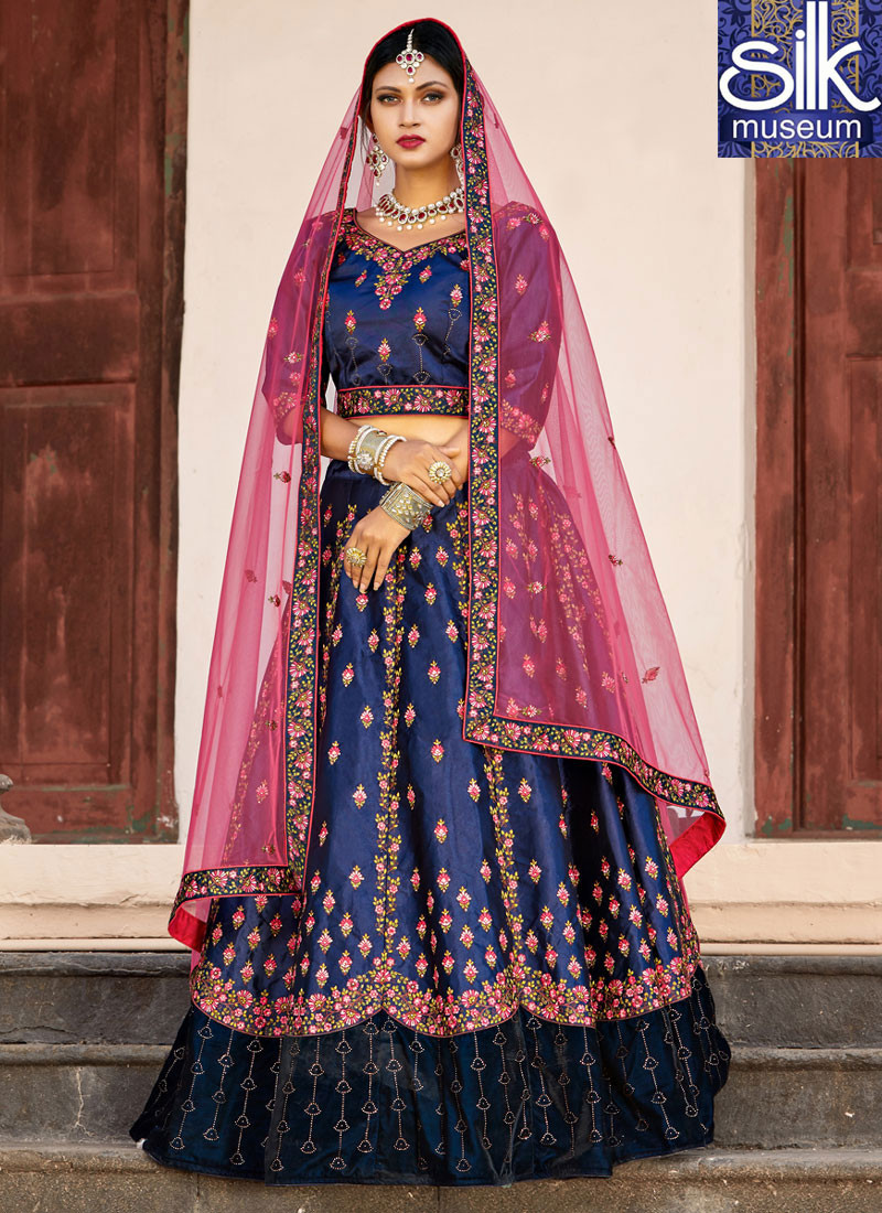 13538 Adorable Navy Blue Color Pure Satin Embroidered Designer Wedding Wear Lehenga Choli