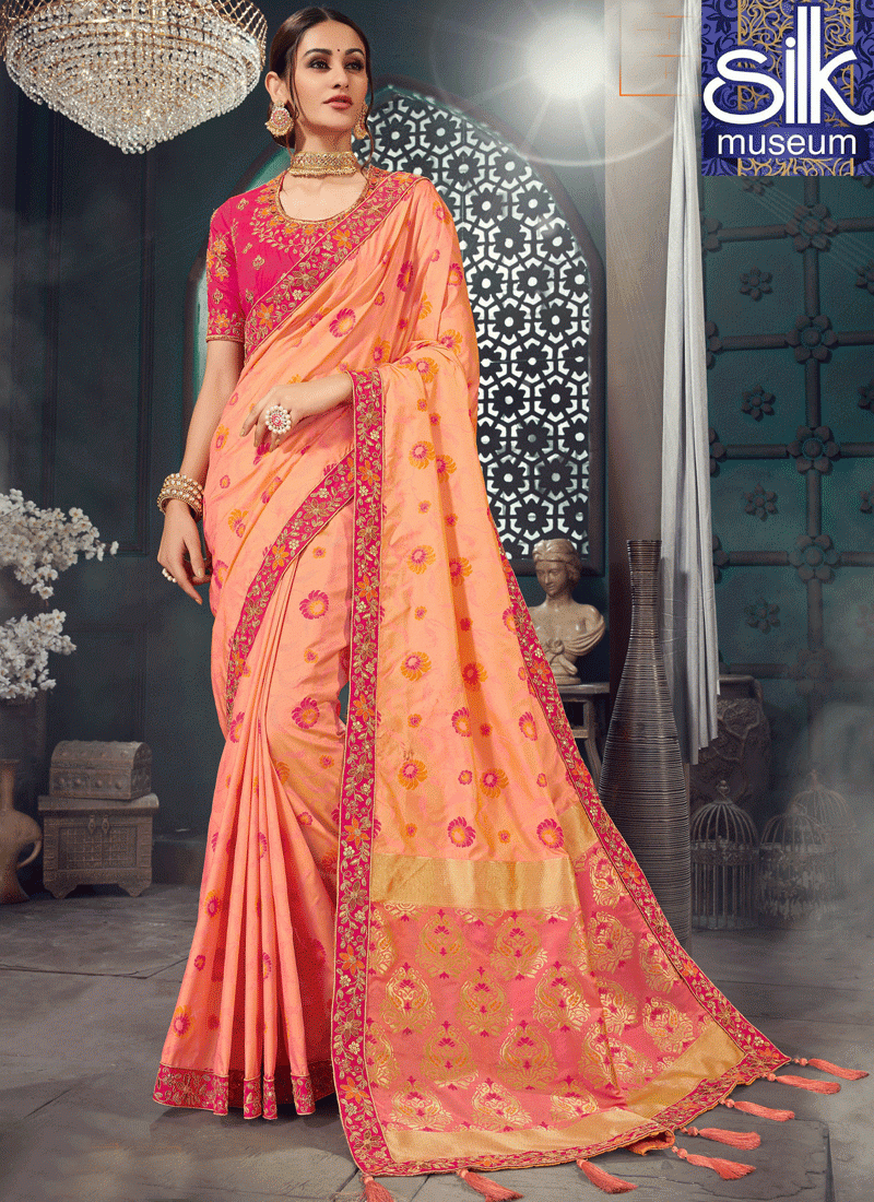 13735 Stunning Peach Color Bhagalpuri Silk Designer Traditional Party Wear Saree