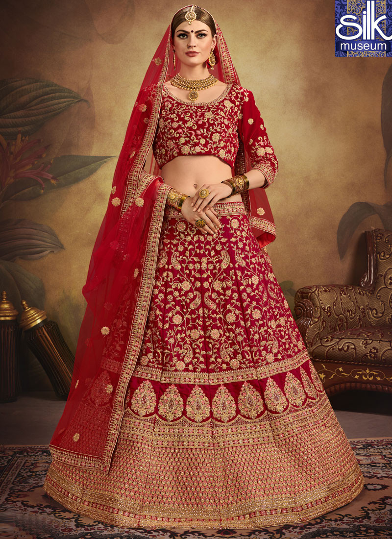 13743 Sparkling Red Color Pure Soft Velvet Designer Wedding Wear Lehenga Choli
