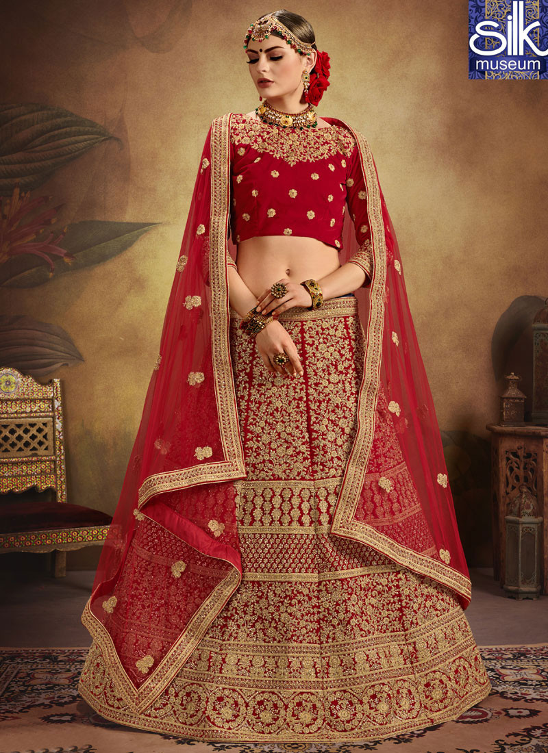 13746 Wondrous Red Color New Designer Pure Velvet Bridal Wear Lehenga Choli