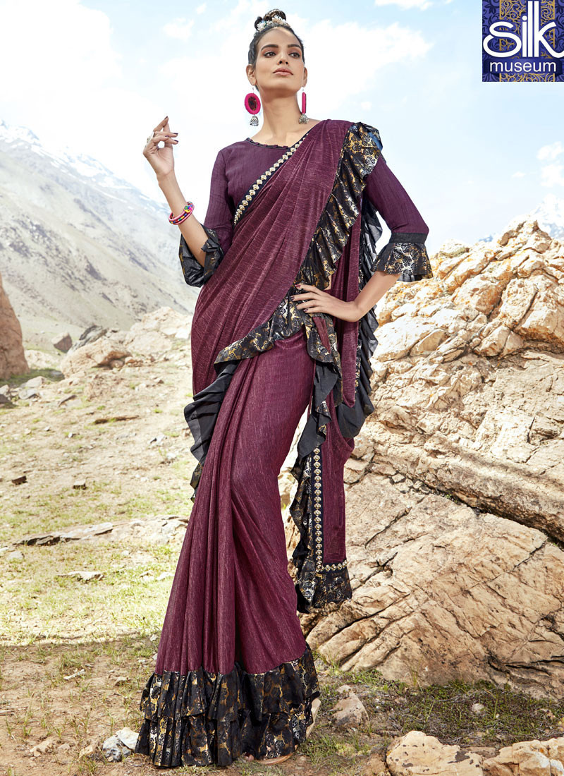 13835 Stunning New Designer Wine Color Lycra Fabric Party Wear Saree