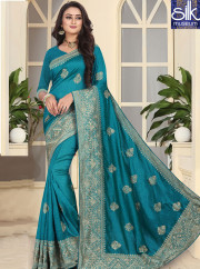 Sparkling Teal Color Art Silk New Designer Party Wear Saree