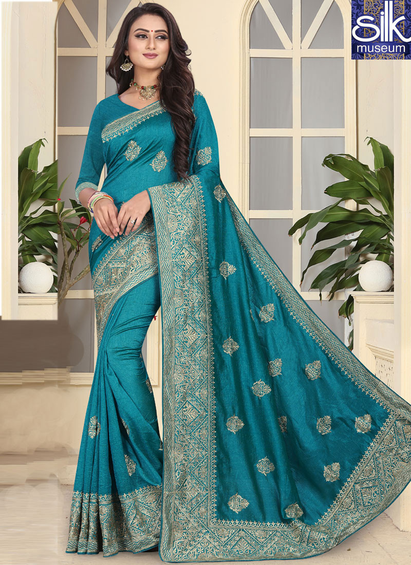 Sparkling Teal Color Art Silk New Designer Party Wear Saree