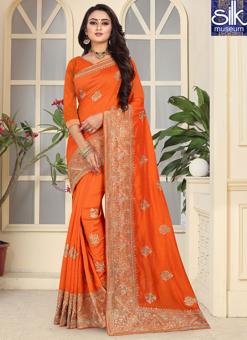 Beautiful Orange Color Art Silk New Traditional Party Wear Saree