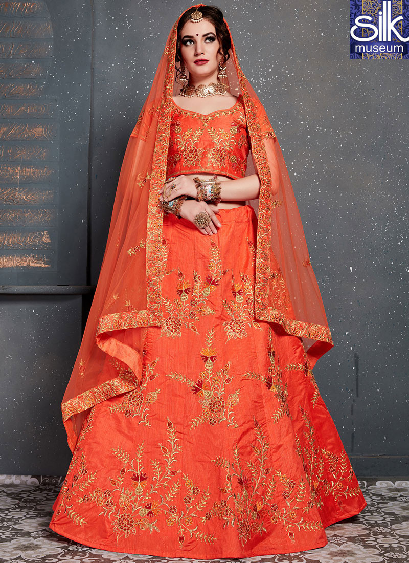13895 Attractive Orange Color Art Silk New Designer Wedding Wear A Line Lehenga Choli