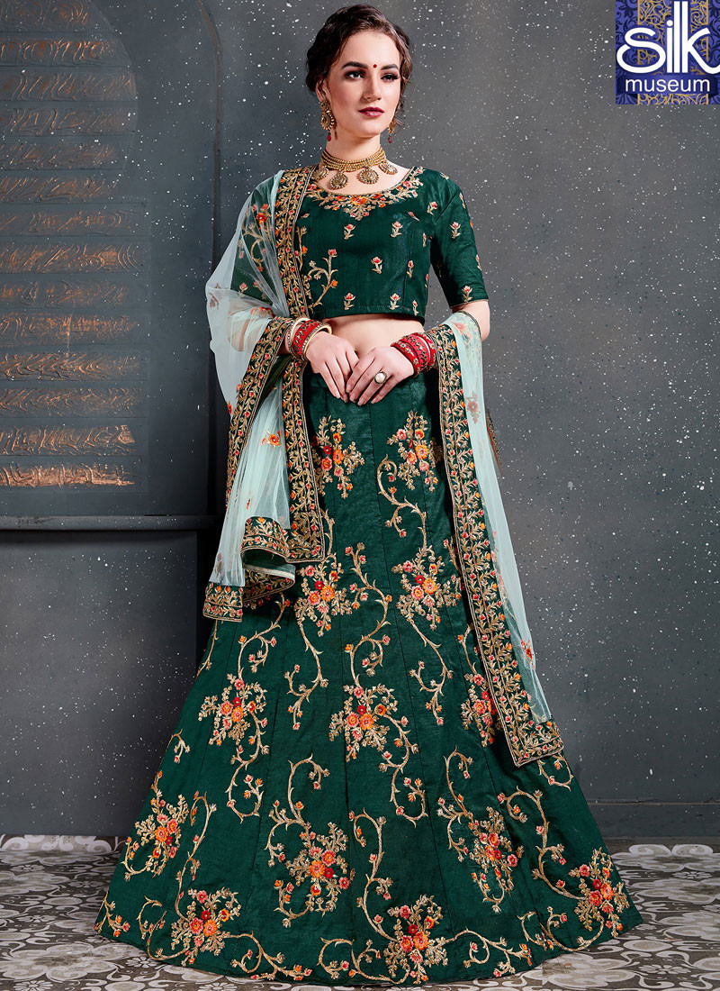 13896 Wonderful Green Color Satin Silk New Designer Wedding Wear Traditional Lehenga Choli