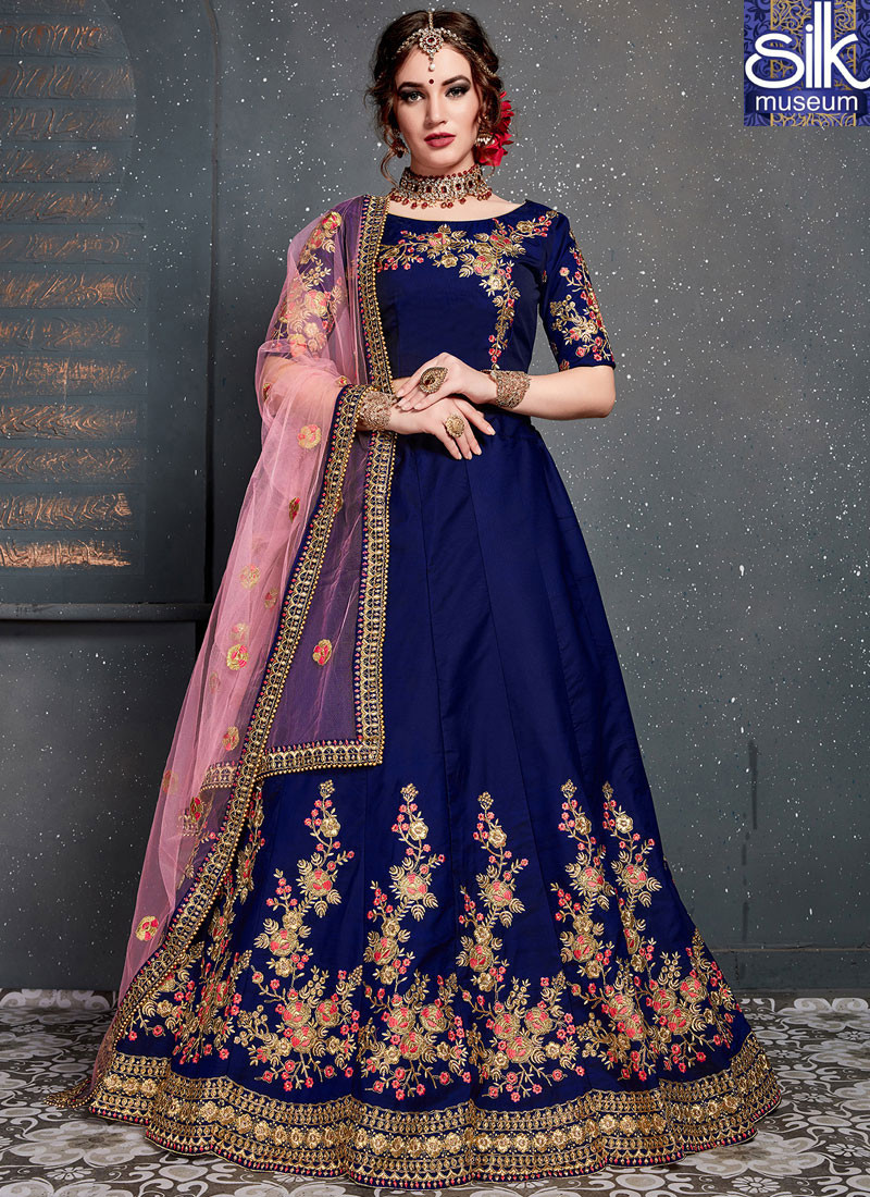 Lovely Blue Color Satin Silk New Designer Wedding Wear A Line Lehenga Choli