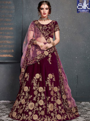 Magnetic Purple Color Velvet Designer Wedding Wear A Line Lehenga Choli