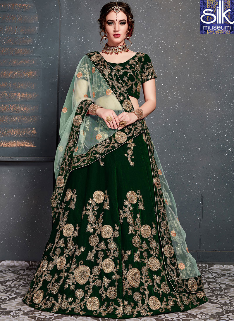 Stunning Green Color Velvet Designer Wedding Wear A Line Lehenga Choli