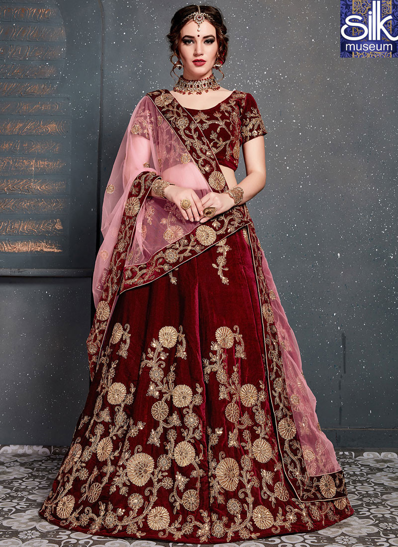 Stylish Maroon Color Velvet New Designer Bridal Wear A Line Lehenga Choli