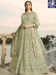 Delightful Pastel Green Color Faux Georgette New Designer Anarkali Suit