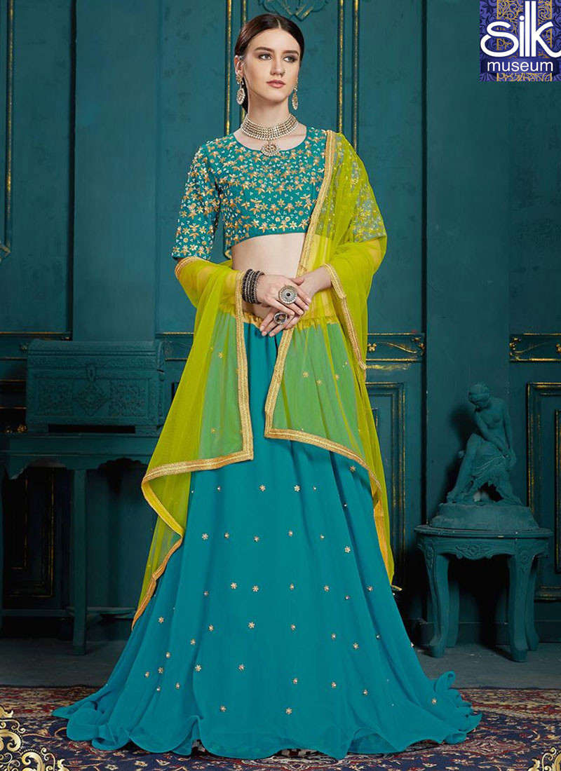 13942 Attractive Teal Color Georgette New Designer Party Wear Lehenga Choli