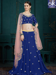 Delightful Navy Blue Color Georgette Fabric Designer Party Wear Lehenga Choli