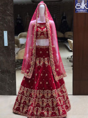 Magnetic Red Color Velvet Fabric Hand Work Designer Bridal Wear Lehenga Choli