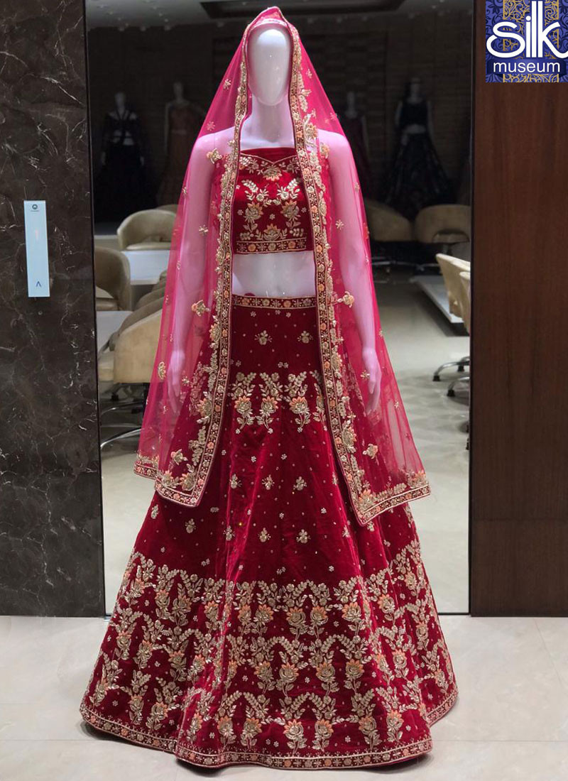 Magnetic Red Color Velvet Fabric Hand Work Designer Bridal Wear Lehenga Choli