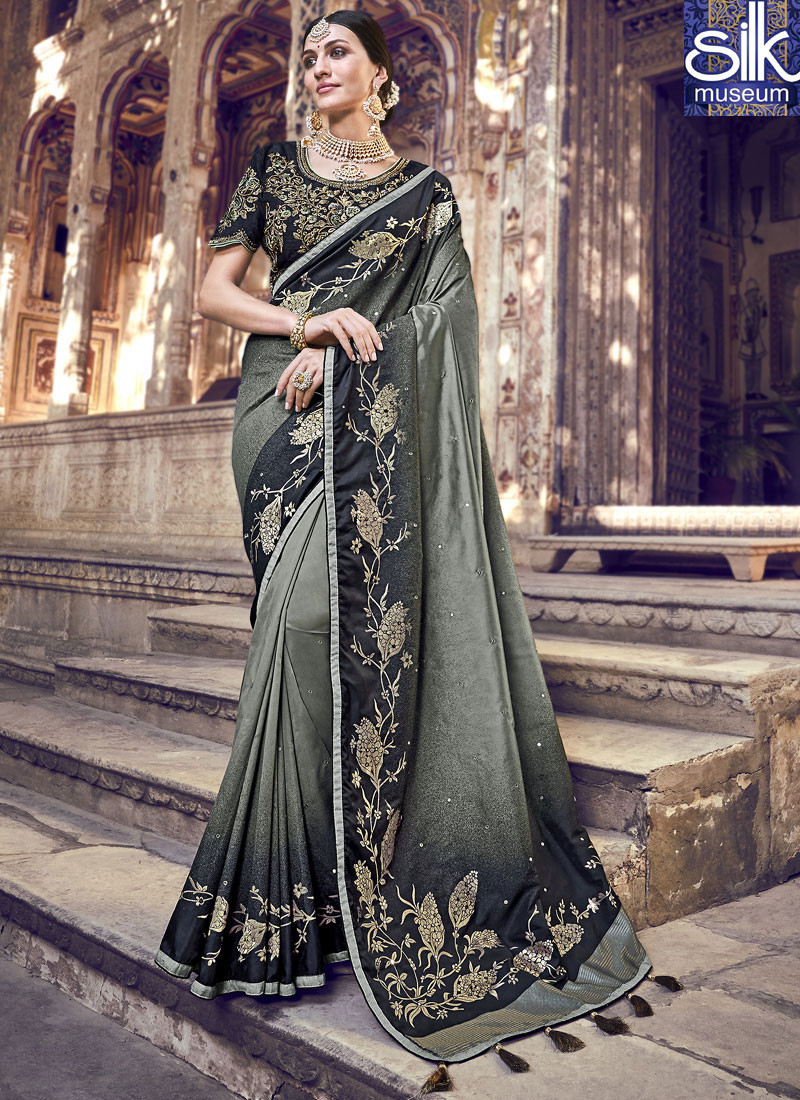 13971 Awesome Black And Grey Color Banarasi Silk Traditional Party Wear Saree