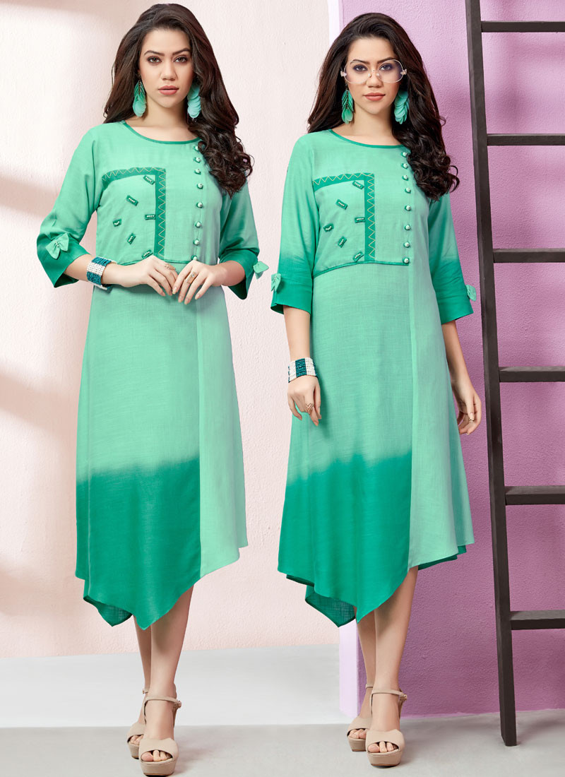 14001 Splendorous Sea Green Color Rayon Fabric New Designer Party Wear Kurti